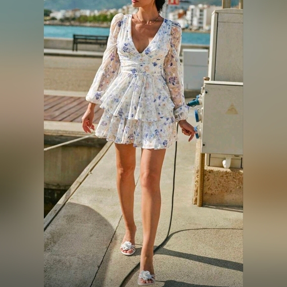 New Flowy Floral Dot Bishop Sleeve Tiered Mini Ruffle Dress White Blue Purple - Picture 7 of 10